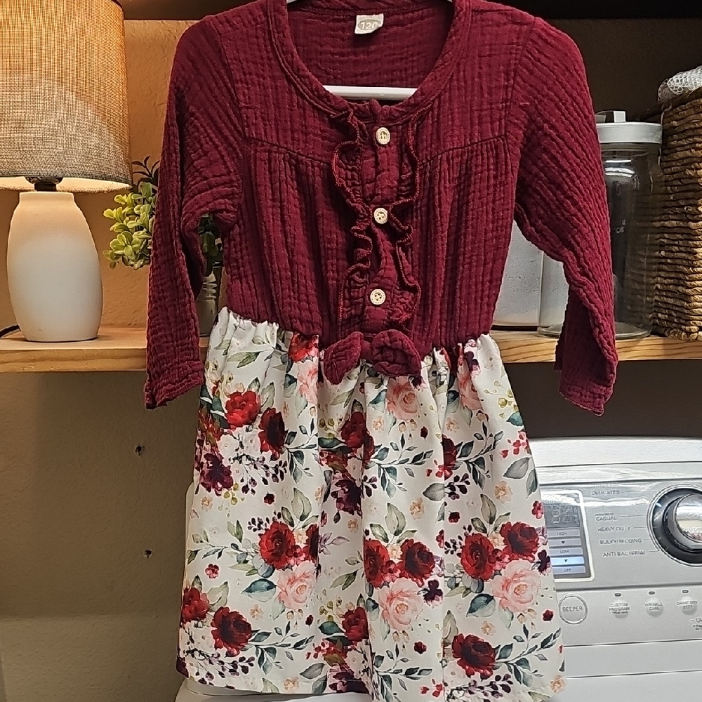 Charming Burgundy and Floral Kids Dress